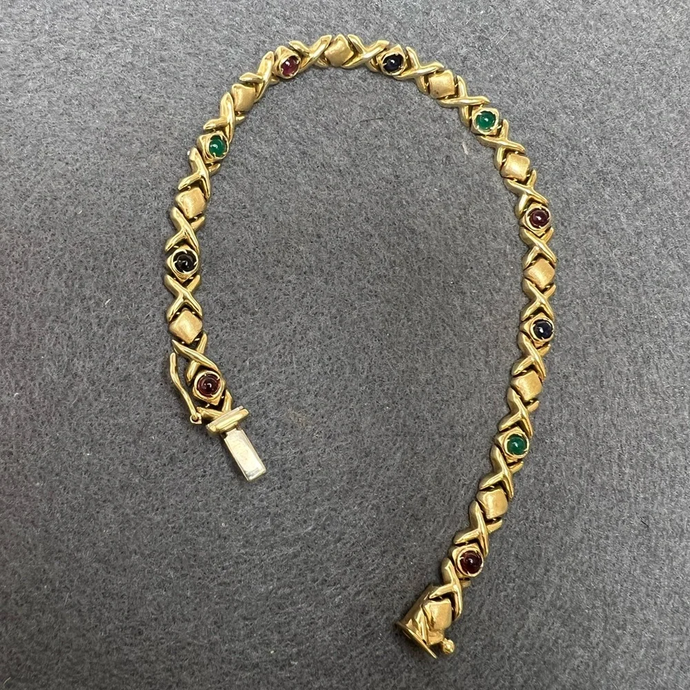 14K Gold Bracelet with Sapphires, Rubies and Emerald Cabochon Accents